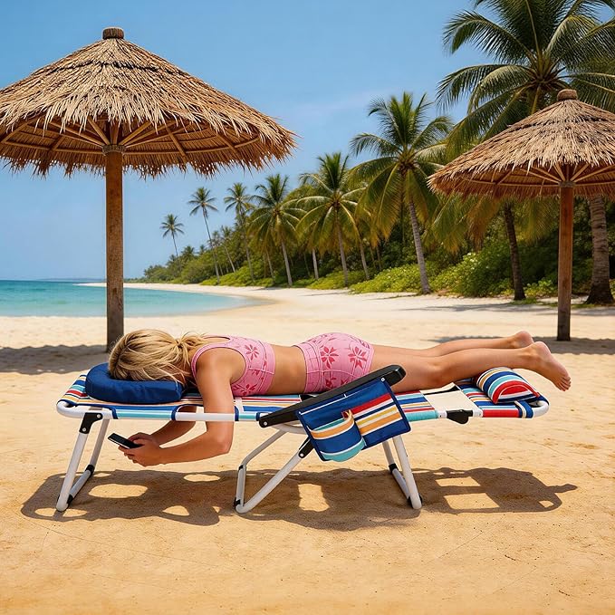 DoCred Heavy Duty Tanning Chair with Face Hole, Adjustable 5-Position Folding Chaise Lounge Chairs for Outside, Portable Lay Flat Beach Lounge Chair for Outdoor Sunbathing Beach Pool Lawn Camping