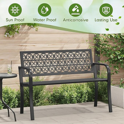 44" Outdoor Garden Bench, Iron Metal Frame Patio Bench with Backrest Armrests, Weatherproof Anti-Rust Outdoor Bench for Front Porch, Park, Yard, Patio (411-Black)