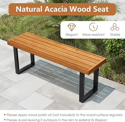 HAPPYGRILL Acacia Wood Bench for 2 People, Outdoor Dining Bench with Metal Legs & Adjustable Foot Pads, for Entryway, Garden, Poolside, Balcony, 800 LBS (2)