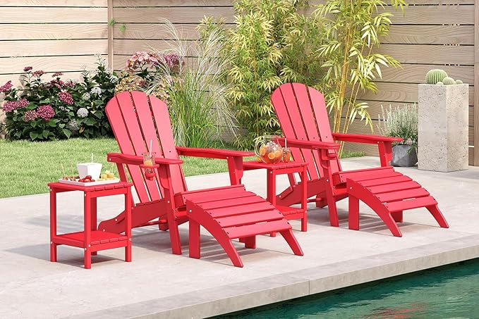 BRIOPAWS Folding-Adirondack-Chairs Set of 4 | HDPE Plastic | Fire Pit Chair | Cup Holder | Curved Back | All Weather| for Outdoor Backyard Deck Patio | Red