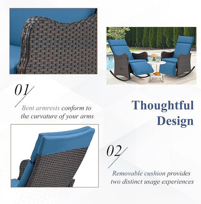 HOMREST Outdoor Recliners for Patio Set of 2, Wicker Rocking Chairs with Extended Footrest & Removable Cushion, Porch Balcony Lounges for Porch Garden, Navy Blue