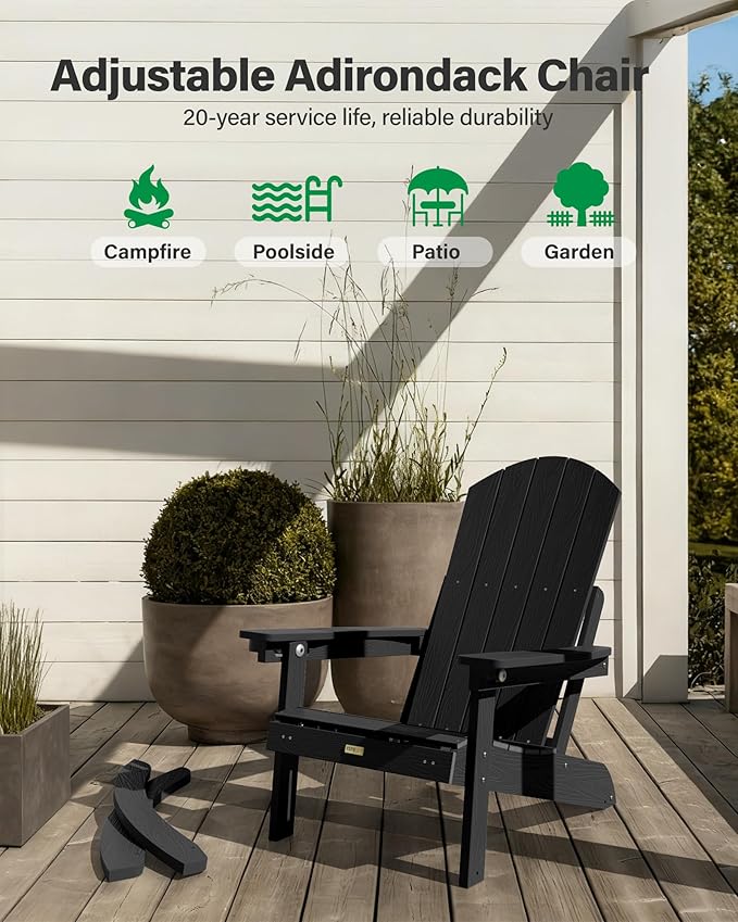 YEFU Adirondack Chairs with Retractable Ottoman: Oversize Adirondack Rocking Chairs - 5-Level Adjustable High Back - Outdoor Rocker with Cup Holder for Porch/Gardens/Lawn/Patio/Backyard/Black
