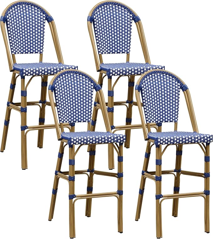 PURPLE LEAF French Bar Stool Set of 4 Bamboo Print Finish Patio Bar Stools with Back Rattan Bar Chairs Wicker Bar Height Stool 30" with Footrest Kitchen Island Stools Outdoor Barstool Royal Blue
