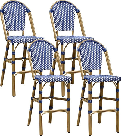 PURPLE LEAF French Bar Stool Set of 4 Bamboo Print Finish Patio Bar Stools with Back Rattan Bar Chairs Wicker Bar Height Stool 30" with Footrest Kitchen Island Stools Outdoor Barstool Royal Blue