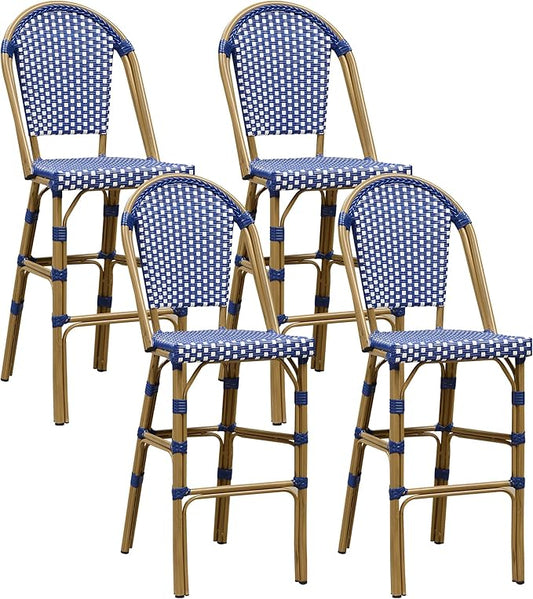 PURPLE LEAF French Bar Stool Set of 4 Bamboo Print Finish Patio Bar Stools with Back Rattan Bar Chairs Wicker Bar Height Stool 30" with Footrest Kitchen Island Stools Outdoor Barstool Royal Blue