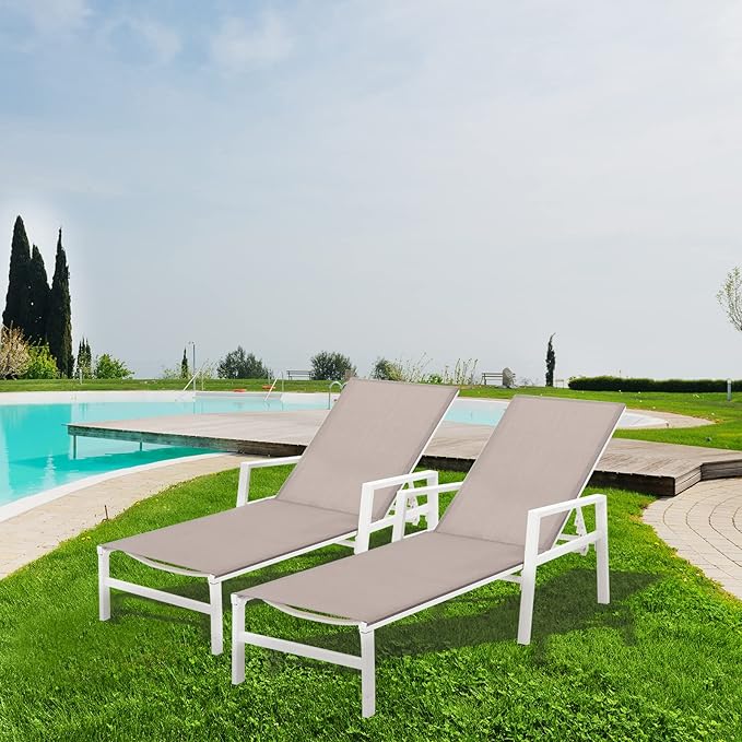 Aluminum Chaise Lounge Chairs Set of 2,5 Adjustable Outdoor Lounge Chaise Chairs,Patio Chaise Lounge with Armrests,for Beach Poolside,Balcony,Yard(Light Taupe)