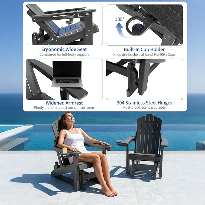 HDPE Outdoor Glider Chair,3-Position Adjustable Backrest Patio Glider, All-Weather Glider Rocker Chair with Cup Holders,Porch Glider for Outside,Deck,Fire Pit, Poolside,400LBS Capacity (Black)