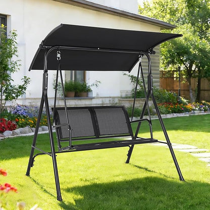 Porch Swing with Adjustable Canopy for Adults 2-Seat Outdoor Waterproof Textilene & Steel Frame Patio Swing Bench for Backyard Lawn Garden Black