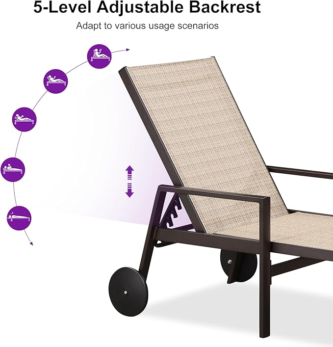 PURPLE LEAF Outdoor Chaise Lounge Chair Set of 2 with Armrests, Aluminum Patio Loungers with Wheels and Adjustable Backrest, Includes Side Table for Deck, Outside, Lawn, Garden, Light Tan