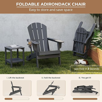 BRIOPAWS Folding-Adirondack-Chairs Set of 4 | HDPE Plastic | Fire Pit Chair | Cup Holder | Curved Back | All Weather | for Outdoor Backyard Deck Patio | Grey