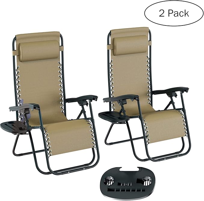 Lavish Home Zero Gravity Chairs - Set of 2 Outdoor Chairs with Side Tables with 2 Cupholders, Phone, and Tablet Holder and Chair Pillow (Beige)
