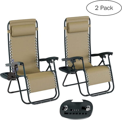 Lavish Home Zero Gravity Chairs - Set of 2 Outdoor Chairs with Side Tables with 2 Cupholders, Phone, and Tablet Holder and Chair Pillow (Beige)