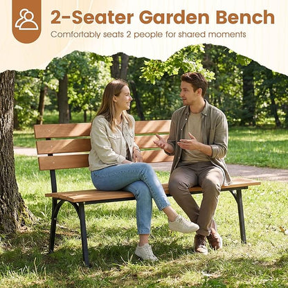 HAPPYGRILL Outdoor Acacia Wood Bench, 2-Person Park Bench with Metal Frame, Slatted Seat and Backrest, Patio Loveseat for Front Porch, Backyard, Garden