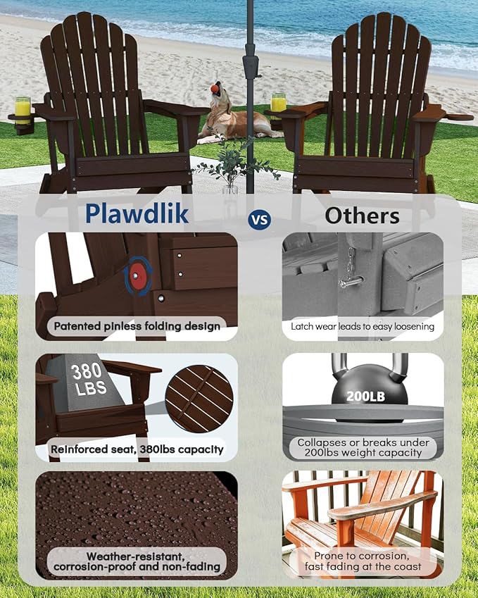 Plawdlik Folding Adirondack Chair Set of 4-with Two Cup Holder,Widened Heavy All-Weather HDPE,SGS Tested,Wooden Textured, Ourdoor Patio Chairs,Coffee