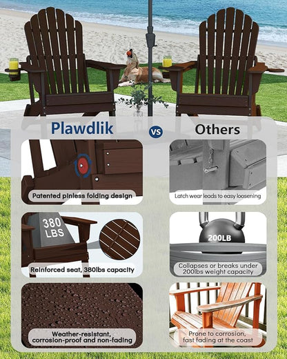 Plawdlik Folding Adirondack Chair Set of 4-with Two Cup Holder,Widened Heavy All-Weather HDPE,SGS Tested,Wooden Textured, Ourdoor Patio Chairs,Coffee
