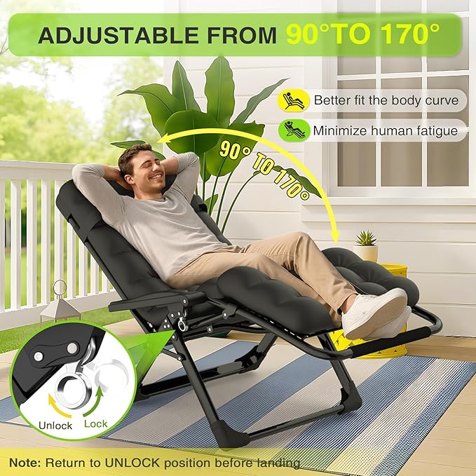 Suteck Zero Gravity Chair, Reclining Camping Lounge Chair w/Removable Cushion, Upgraded Lock and Cup Holder - Photo 4