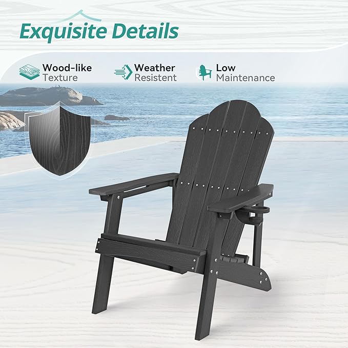 HDPE Adirondack Chairs Set of 2, Weather Resistant Outdoor Seating with Hidden Cup Holder for Porch, Patio, Deck & Fire Pit, Black