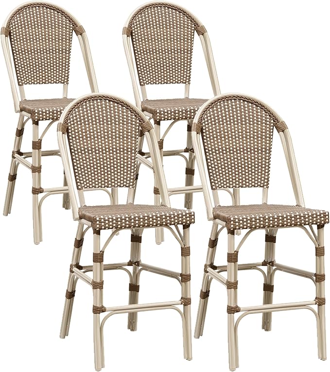PURPLE LEAF French Counter Height Bar Stool Set of 4 White Print Finish Patio Bar Stools with Back Rattan Bar Chairs Wicker Bar Height Stool 25" with Footrest Outdoor Barstool Brown