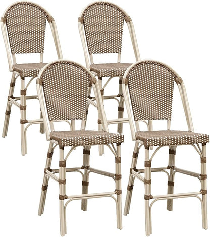 PURPLE LEAF French Counter Height Bar Stool Set of 4 White Print Finish Patio Bar Stools with Back Rattan Bar Chairs Wicker Bar Height Stool 25" with Footrest Outdoor Barstool Brown