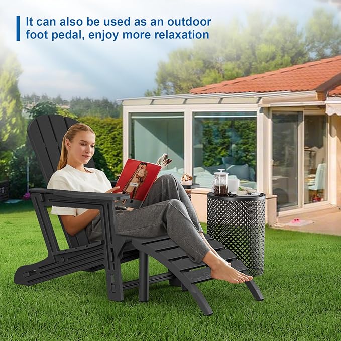 FONTOI Adirondack Ottoman, HDPE Plastic Adirondack Chair Footstool, All Weather Outdoor Footrest for Patio, Backyard, Lawn, Fire Pits, Black