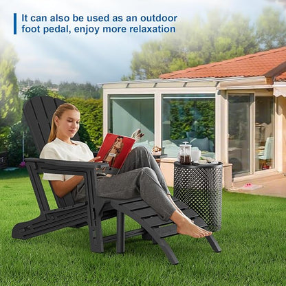 FONTOI Adirondack Ottoman, HDPE Plastic Adirondack Chair Footstool, All Weather Outdoor Footrest for Patio, Backyard, Lawn, Fire Pits, Black