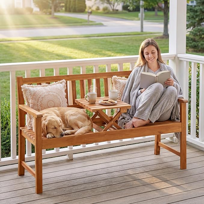 Flamaker Outdoor Bench with Pull-Up Center Table, Acacia Wood Bench Folding Loveseat for 2 Person, Weather-Resistant Patio Seating for Garden, Backyard, Porch, Poolside, Log Brown