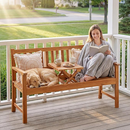 Flamaker Outdoor Bench with Pull-Up Center Table, Acacia Wood Bench Folding Loveseat for 2 Person, Weather-Resistant Patio Seating for Garden, Backyard, Porch, Poolside, Log Brown
