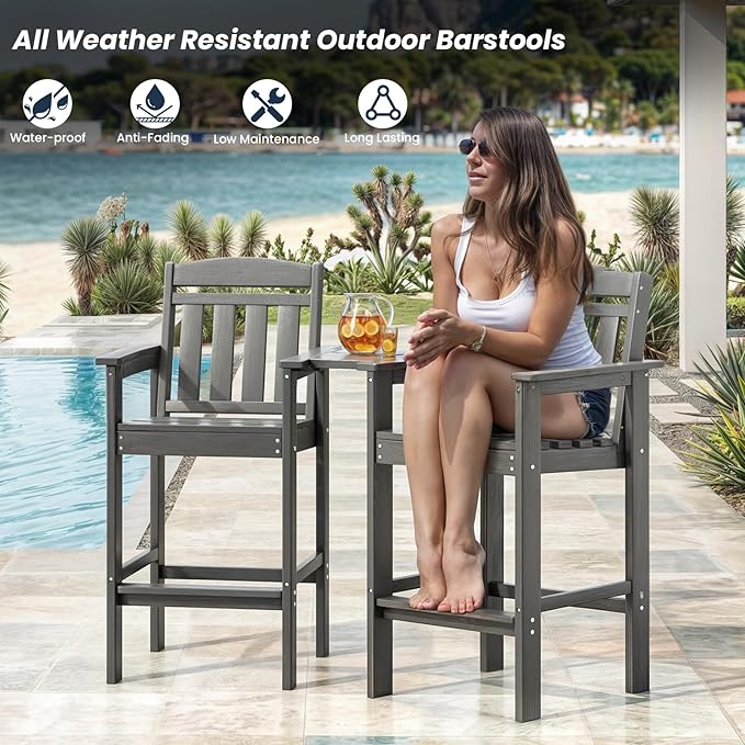 Soohow Tall Adirondack Chairs Set of 4, HDPE Adirondack Bar Stools with Connecting Tray, Bar Height Adirondack Chair Patio Barstool, Ideal All Weather Tall Patio Chair for Balcony, Poolside, Backyard