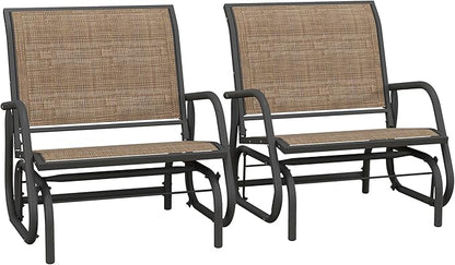Outsunny Porch Glider Set of 2, Metal Frame Swing Glider Chair with Breathable Mesh Fabric, Curved Armrests and Steel Frame for Garden, Poolside, Backyard, Balcony, Light Mixed Brown