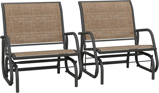 Outsunny Porch Glider Set of 2, Metal Frame Swing Glider Chair with Breathable Mesh Fabric, Curved Armrests and Steel Frame for Garden, Poolside, Backyard, Balcony, Light Mixed Brown