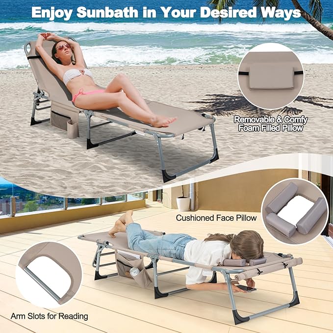 Tangkula Tanning Chair, Outdoor Folding Beach Lounge Chair with Face/Arm Hole, 2 Carry Handle, Pillow - Photo 4
