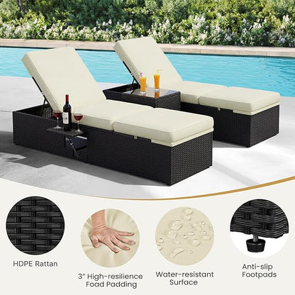 Yaheetech Outdoor PE Wicker Chaise Lounge Chair, Patio Black Rattan Reclining Chair with Adjustable Backrest and Folding Table, Outdoor Recliners for Patio Beach Pool Backyard