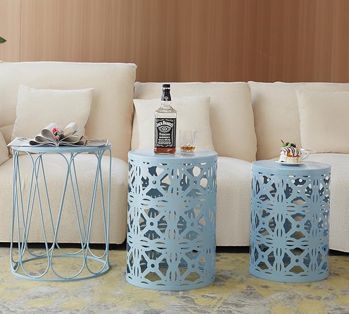 HFHOME Set of 3 Metal Outdoor Side Table, Nesting Round Coffee Table for Indoor Outdoor - Photo 6