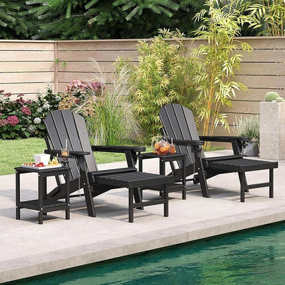 BRIOPAWS Adirondack-Chairs-with-Pull-Out-Footrest | Set of 4 | Folding | HDPE Plastic | Fire Pit Chair | All Weather | Cup Holders | Curved Back | Retractable Ottoman | for Poolside Deck | Black