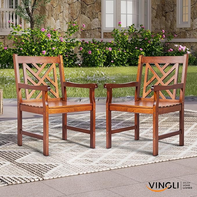 VINGLI Outdoor Dining Chairs Set of 2, Heavy Duty 330 LBS Wooden Patio Chairs with Comfortable Backrest, Solid Wood Patio Dining Chairs Garden Chairs for Yard, Front Porch (Teak, 2 PCS)