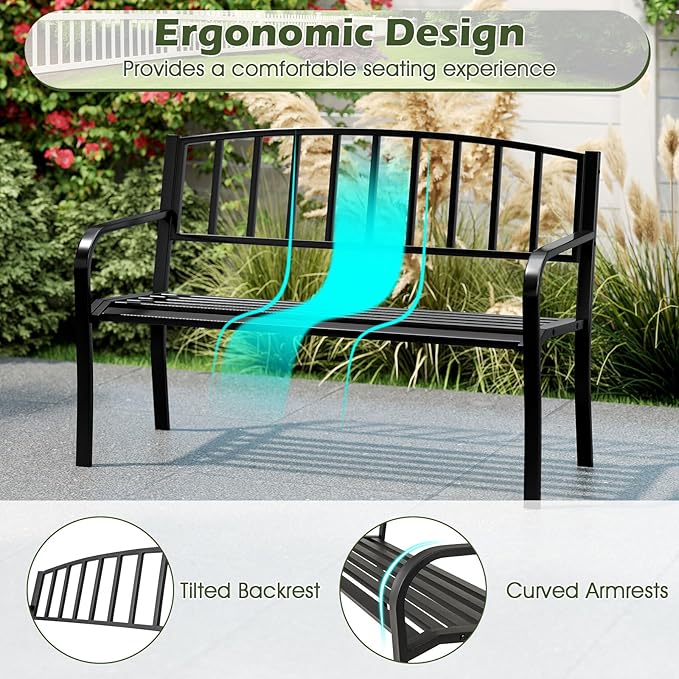 Giantex Metal Outdoor Bench, Patio Garden Bench with Backrest, Curved Armrests, Slatted Seat for 2-3 Persons, 660 LBS, Heavy-Duty Outside Seating Loveseat for Yard, Porch, Park, Black