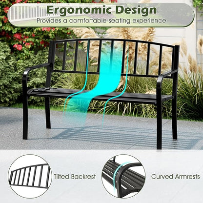 Giantex Metal Outdoor Bench, Patio Garden Bench with Backrest, Curved Armrests, Slatted Seat for 2-3 Persons, 660 LBS, Heavy-Duty Outside Seating Loveseat for Yard, Porch, Park, Black