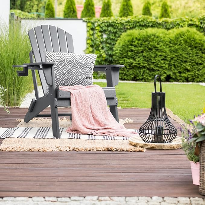 FUNBERRY Folding Adirondack Chair, All Weather HDPE Fire Pit Chairs with Cup Holder for Outdoor