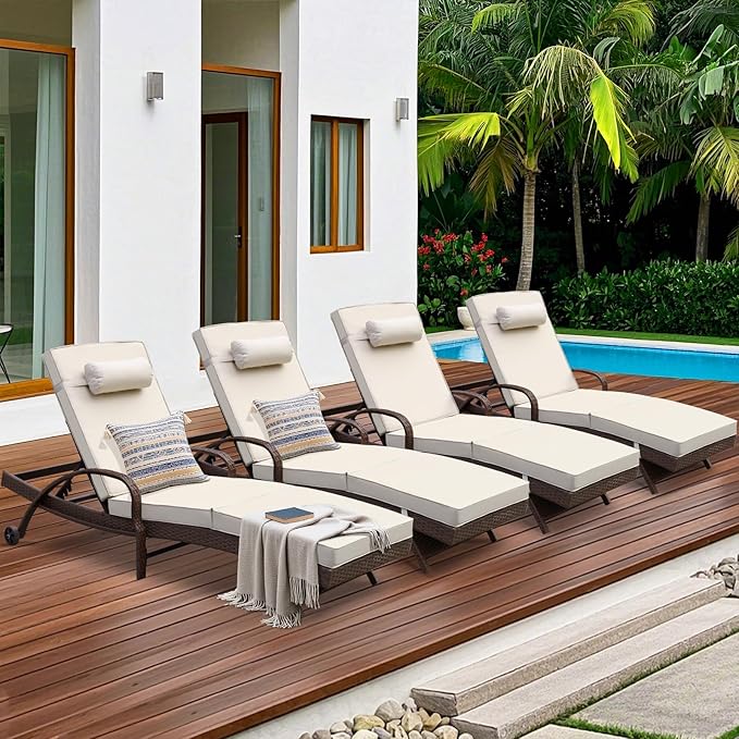 NOBLEMOOD Outdoor Lounge Chairs Set of 4 Beach Wicker Chaise Lounge with Wheels, Cushion, Adjustable Backrest and Pillow for Outside Pool Sun Shelf Tanning Bathing (Khaki)