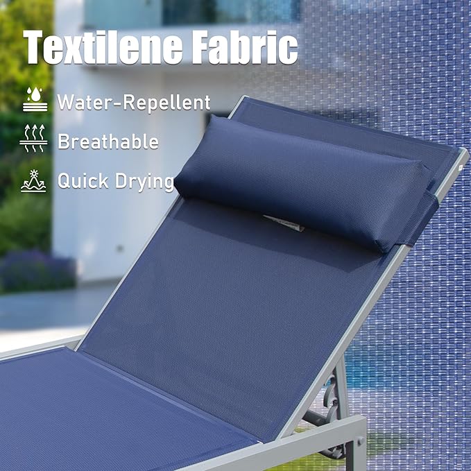 Domi Outdoor Lounge Chairs Set of 3, Upgraded Aluminum Chaise Lounge Chair W/ 5 Adjustable Positions, Patio Lounge Chair for Pool, Deck, Lawn, 2 Pool Chairs and 1 Side Table, Navy Blue