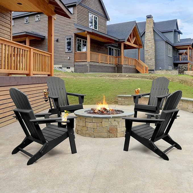 FUNBERRY Folding Adirondack Chair Set of 4, All Weather HDPE Fire Pit Chairs with Cup Holder for Outdoor - Photo 5