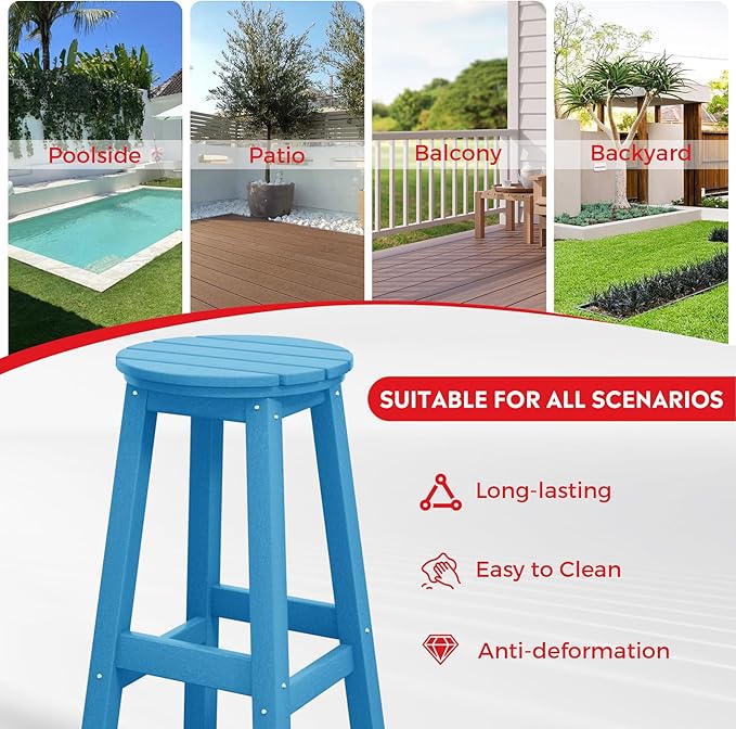 Costaelm 29" Height Outdoor Bar Stools, All-Weather Bar Stools, Adirondack Poly Patio Round Bar Stool for Patio, Deck, Kitchen Counter and Garden, Pacific Blue
