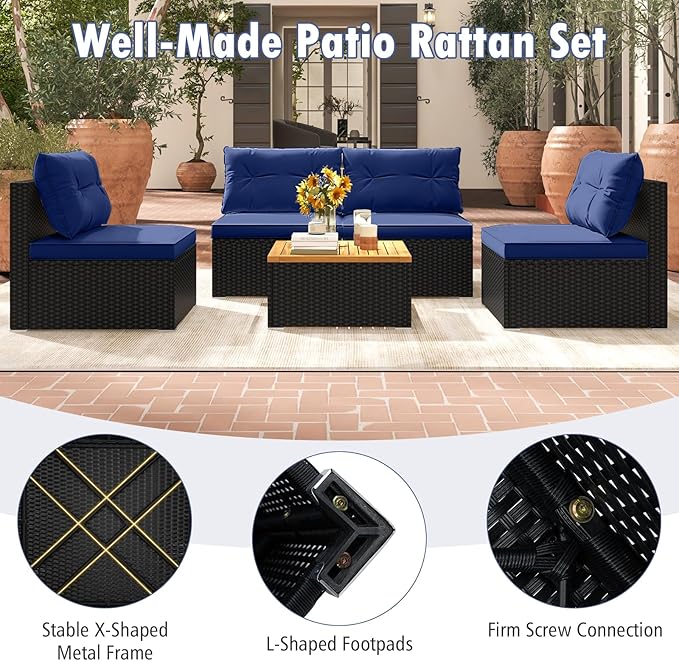 Tangkula 5 Piece Rattan Sofa Set, Outdoor Wicker Furniture Set w/Seat & Back Cushions, Square Coffee Table - Photo 7
