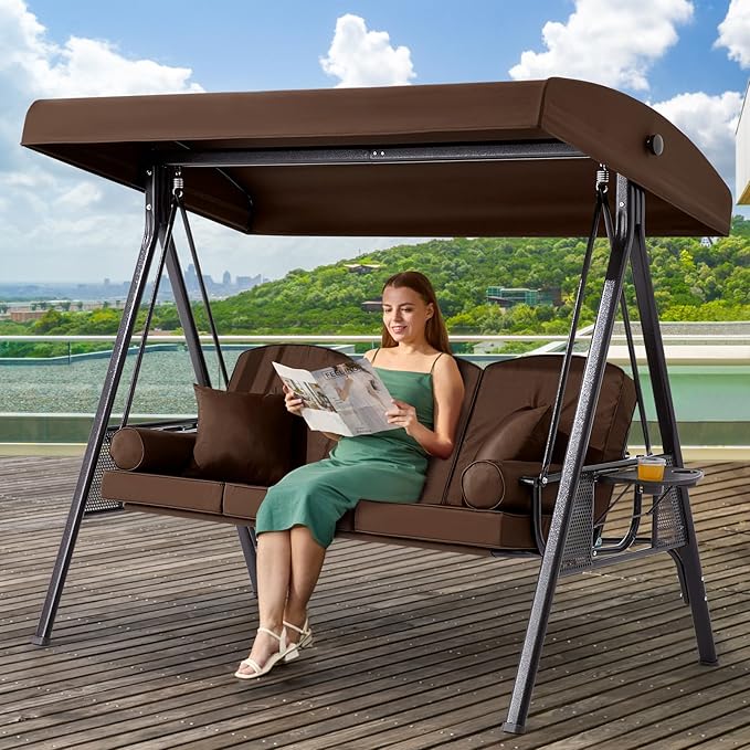 3 in 1 Outdoor Porch Swing with Canopy, 3 Seat Outdoor Swing for Adults, Patio Swing Chair with Thickened Cushions - Photo 1