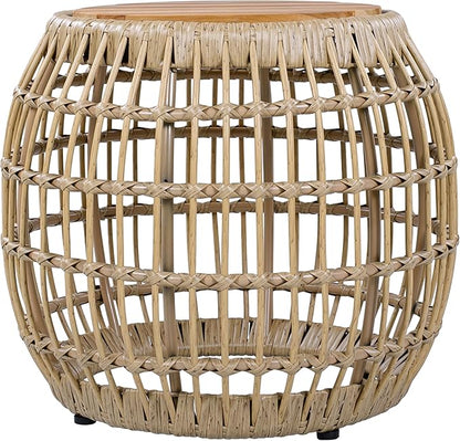Merax Bohemian Round Outdoor Side Table with Acacia Wood Top and Wicker Base, Boho Rattan Coffee Table for Garden, Pool, Deck, Balcony, Yard, Patio, Light Brown