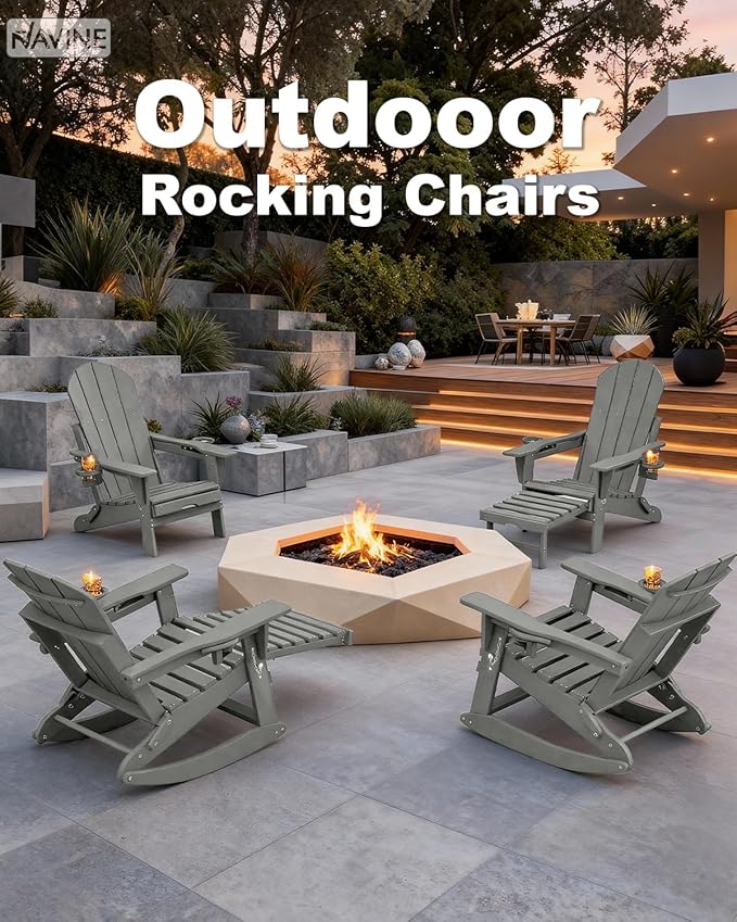 Adirondack Rocking Chairs Set of 6 with Retractable Ottoman, All Weather Folding Adirondack Chair with Two Cup Holders, Adirondack Outdoor Rocking Chairs for Porch, Patio, Balcony. White Grey