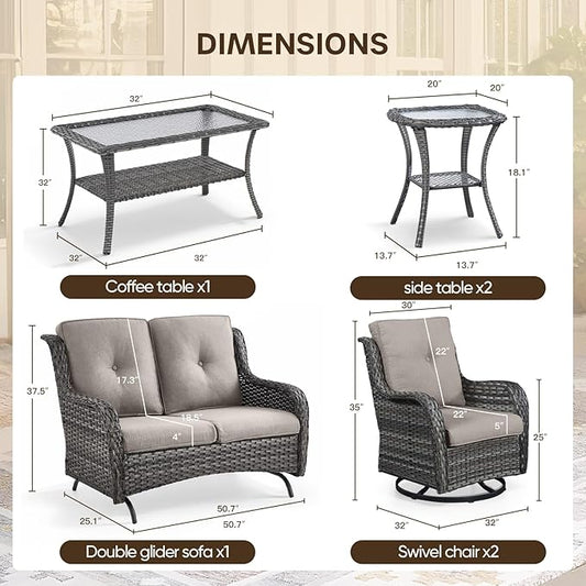 Patio Loveseat Glider Set, Resin Wicker Loveseat Glider with 4 Swivel Patio Chiars Coffee Table 2 Side Table, 8 Piece Patio Conversation Loveseat Set, Grey Wicker|Grey Cushions