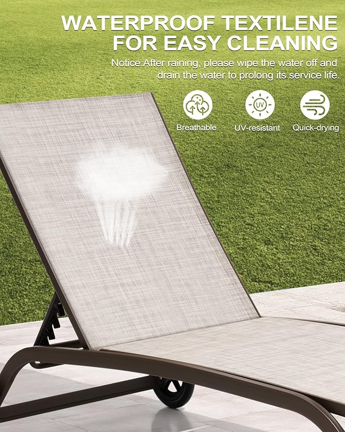Crestlive Products Outdoor Chaise Lounge Chairs with Wheels Set of 2, Pool Lounge Chairs with 5 Adjustable Position for Patio, Poolside, Yard, Beige