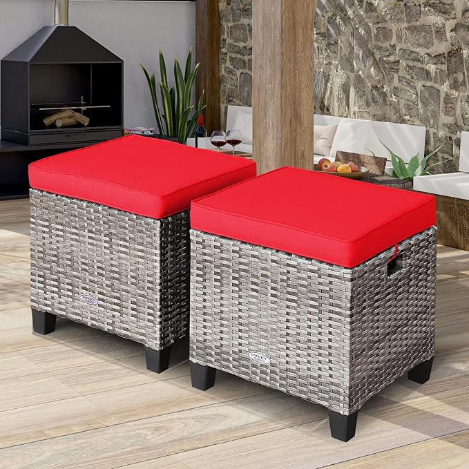 Tangkula 2 Pieces Patio Rattan Ottomans, Outdoor Wicker Footstool Footrest Seat with Soft Cushions and Steel Frame - Photo 2