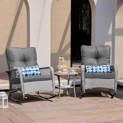 UDPATIO 3 Piece Patio Furniture Set, Wicker Rocking Bistro Set with 2 Rockers, 1 Side Table and 4‘’ Thick Cushions for Backyard, Porch, Balcony, Poolside, Porch, Balcony, Poolside, Grey